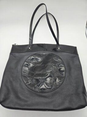 Coach F18336 Black Large Tote Signature Embossed Leather and Patent Leather
